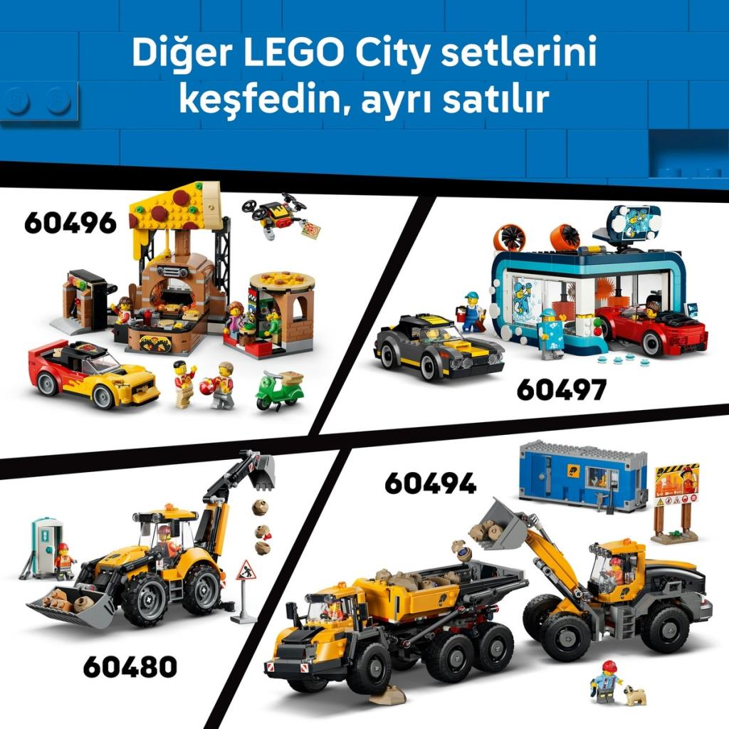 Dört LEGO City seti: pizza dükkanı, araba yıkama, ön yükleyici ve yükleyicili kamyon.