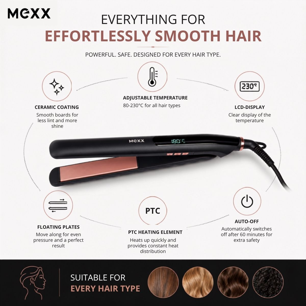 Mexx Hair Straightener: Ceramic coating, adjustable temp, LCD display, floating plates, PTC heat, auto-off.