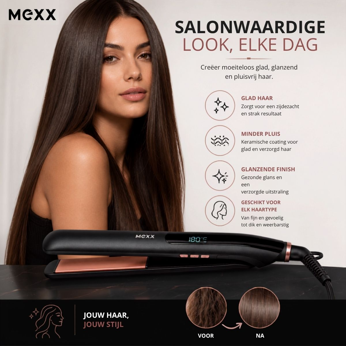 Woman with long, straight hair next to a Mexx hair straightener reading 'Salonwaardige Look, Elke Dag'.