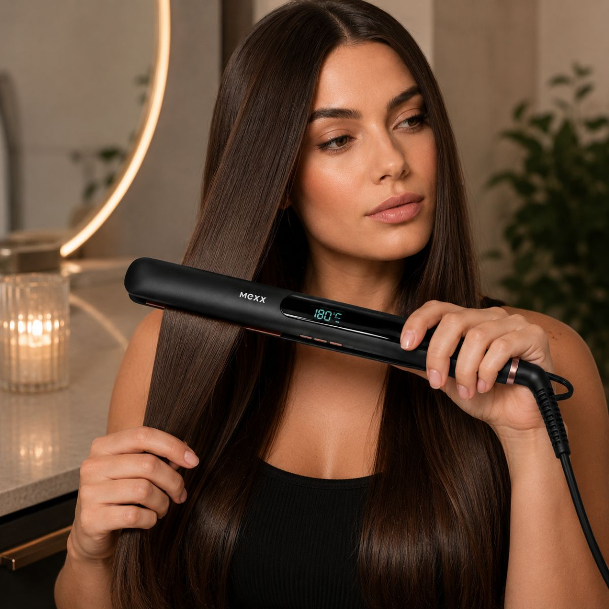 A woman straightens her long brown hair with a black flat iron set to 180°C.