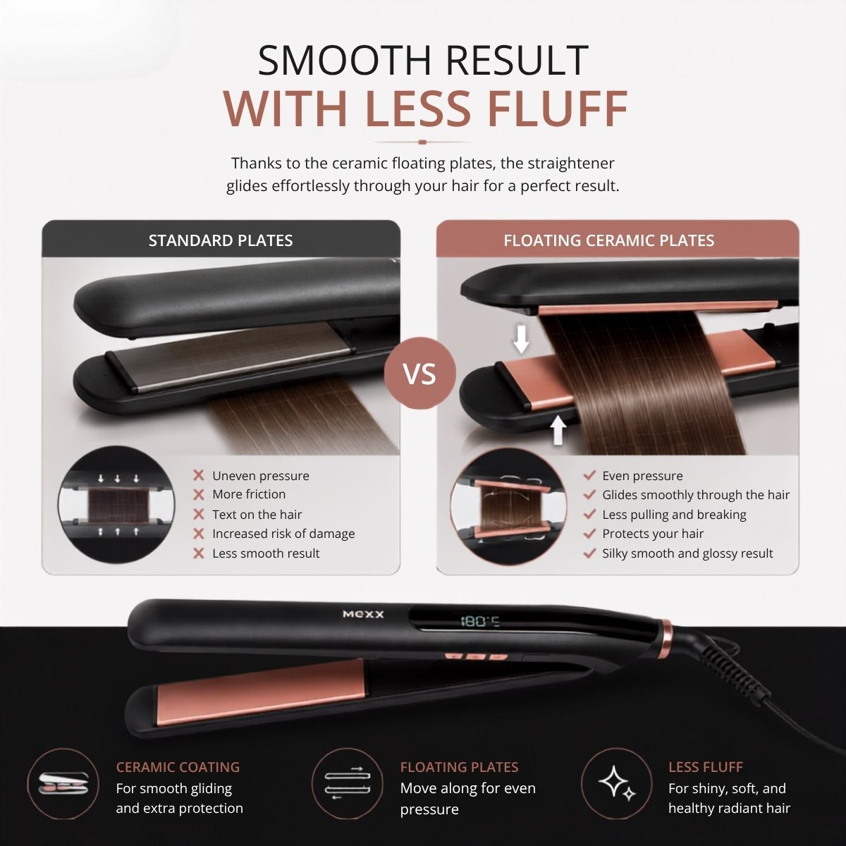 Hair straightener comparison: standard vs. ceramic floating plates.