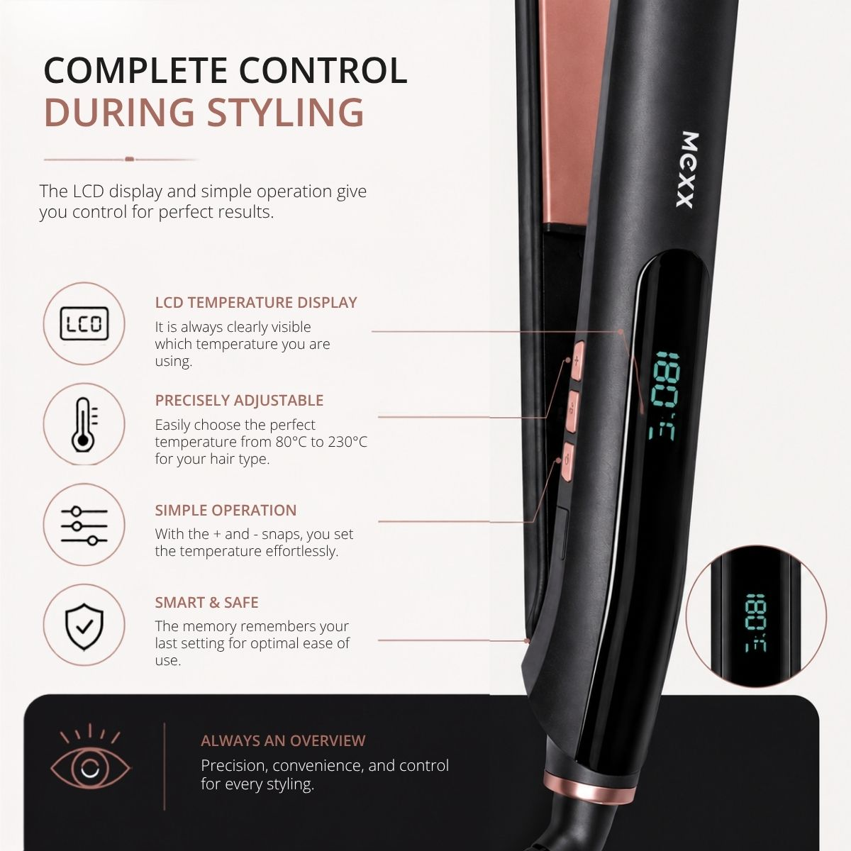 Black MCXX hair straightener with LCD displaying 180°C. Features temp control.