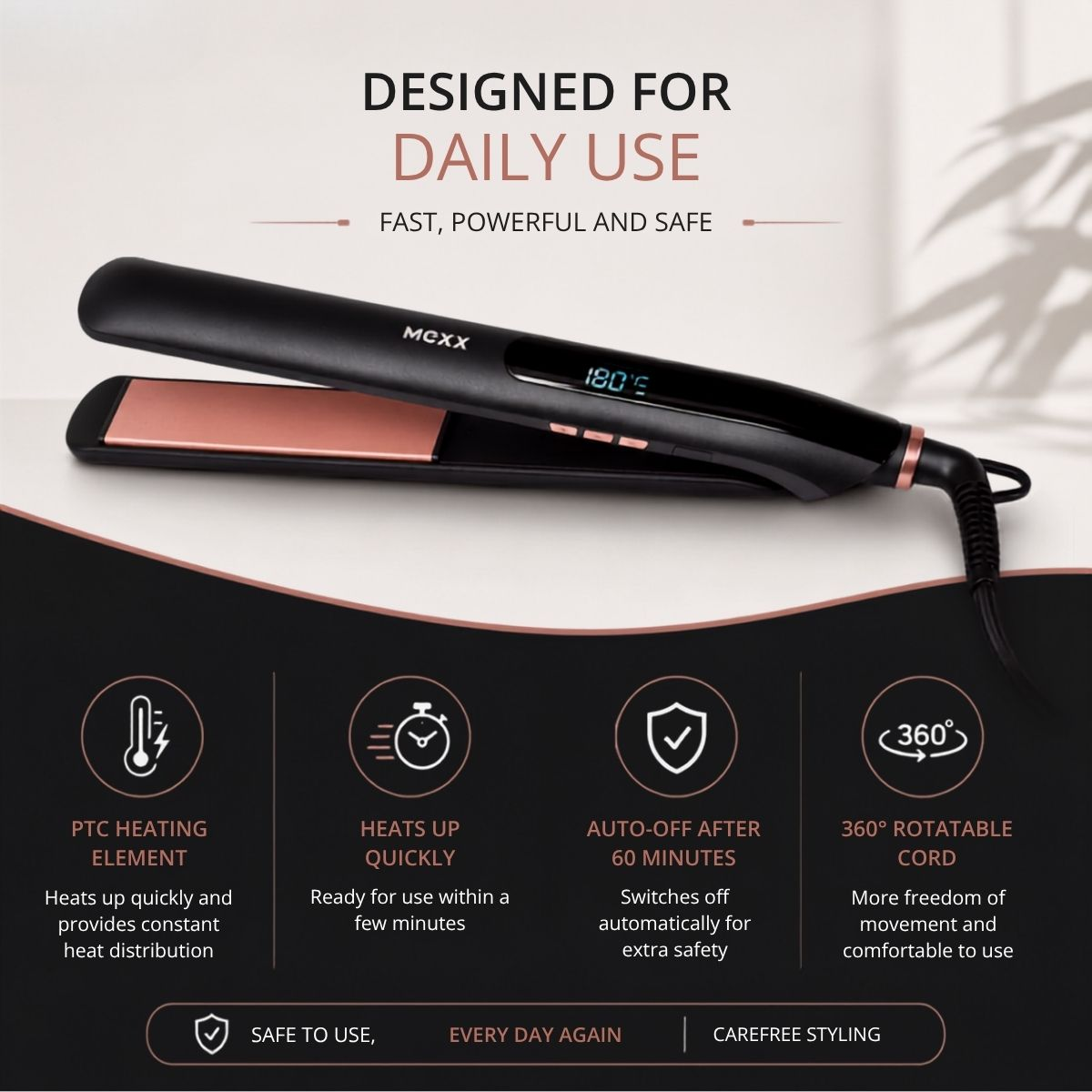 Black hair straightener with rose gold plates, 180°C display, PTC heating element.