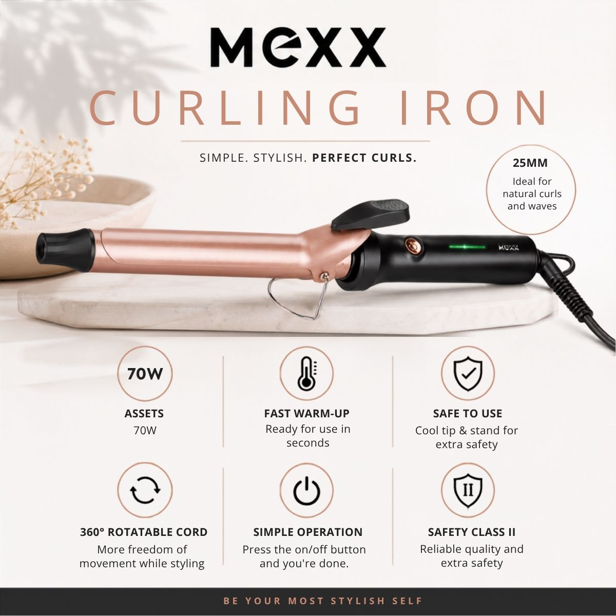 A rose gold curling iron with a black handle and cord. Features: 70W, fast warm-up, 25mm, safe to use.
