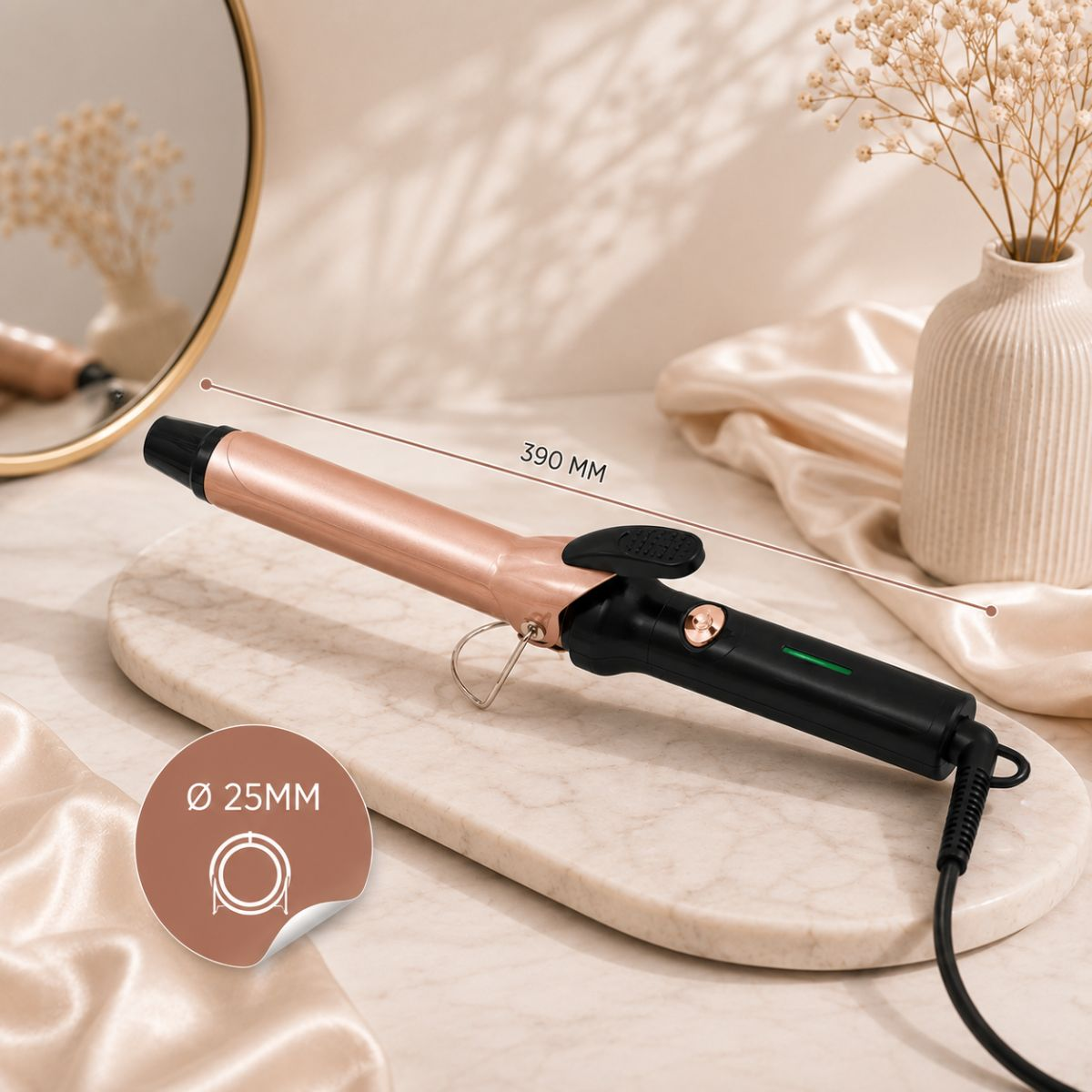 Rose gold curling iron, 390mm long, 25mm barrel diameter, on marble.