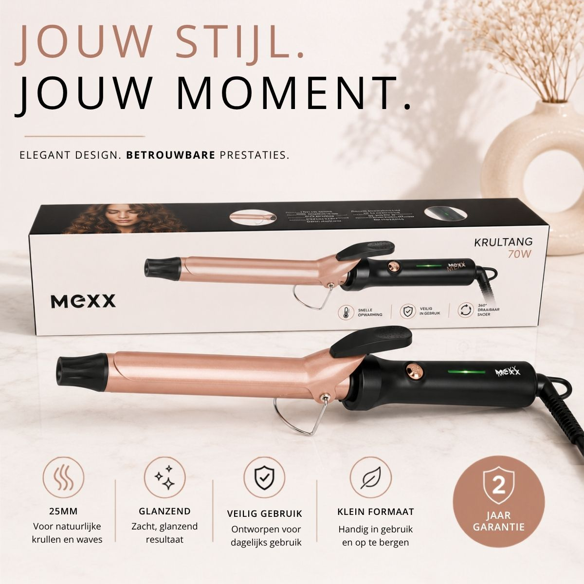 A rose gold Mexx curling iron with a black handle and cord.