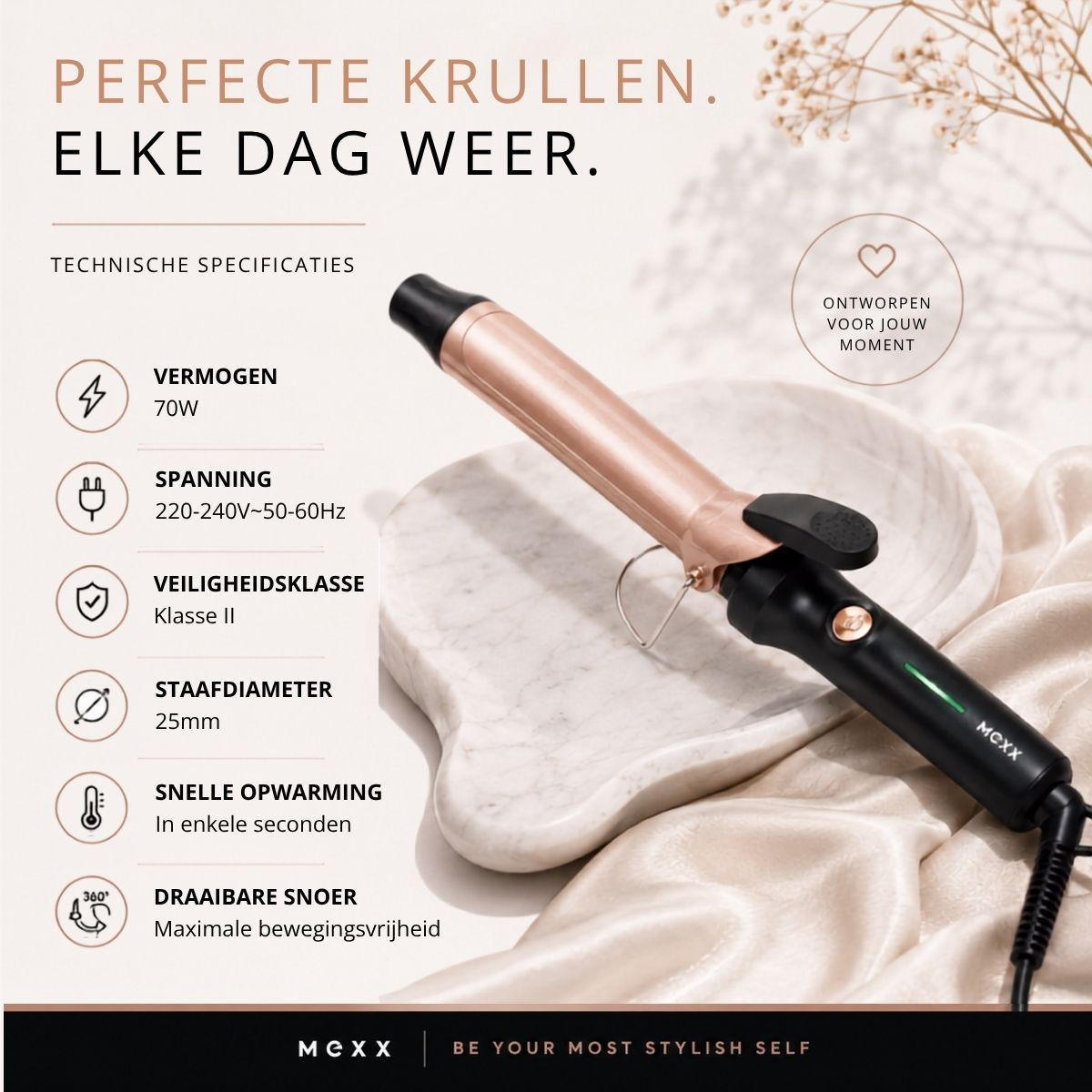 A rose gold curling iron rests on silk and marble, with technical specifications displayed.