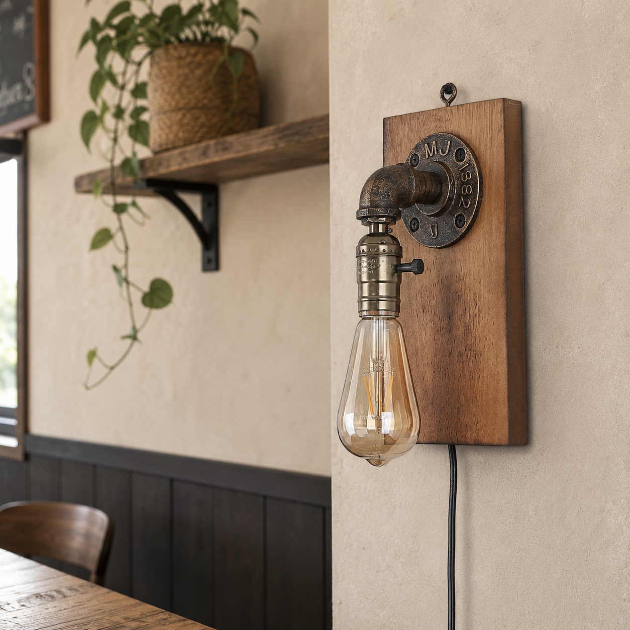 Lámpara de pared estilo industrial con base de madera y bombilla expuesta.