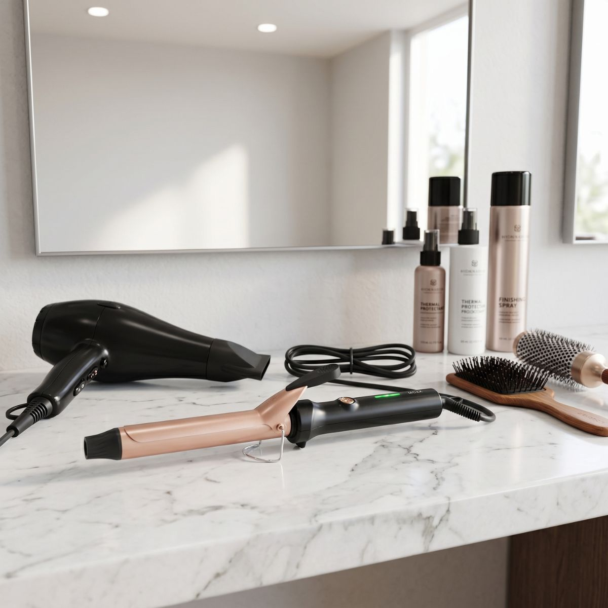 A black hairdryer, rose gold curling iron, hair products, and brushes rest on a marble countertop.