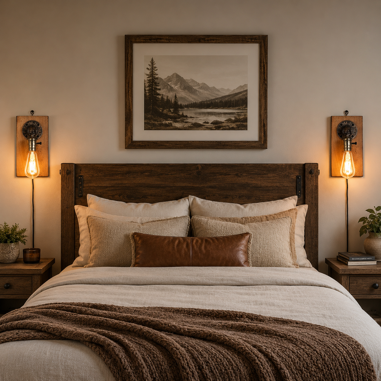 Dormitorio rústico con cabecero de madera, ropa de cama y cuadro de paisaje.