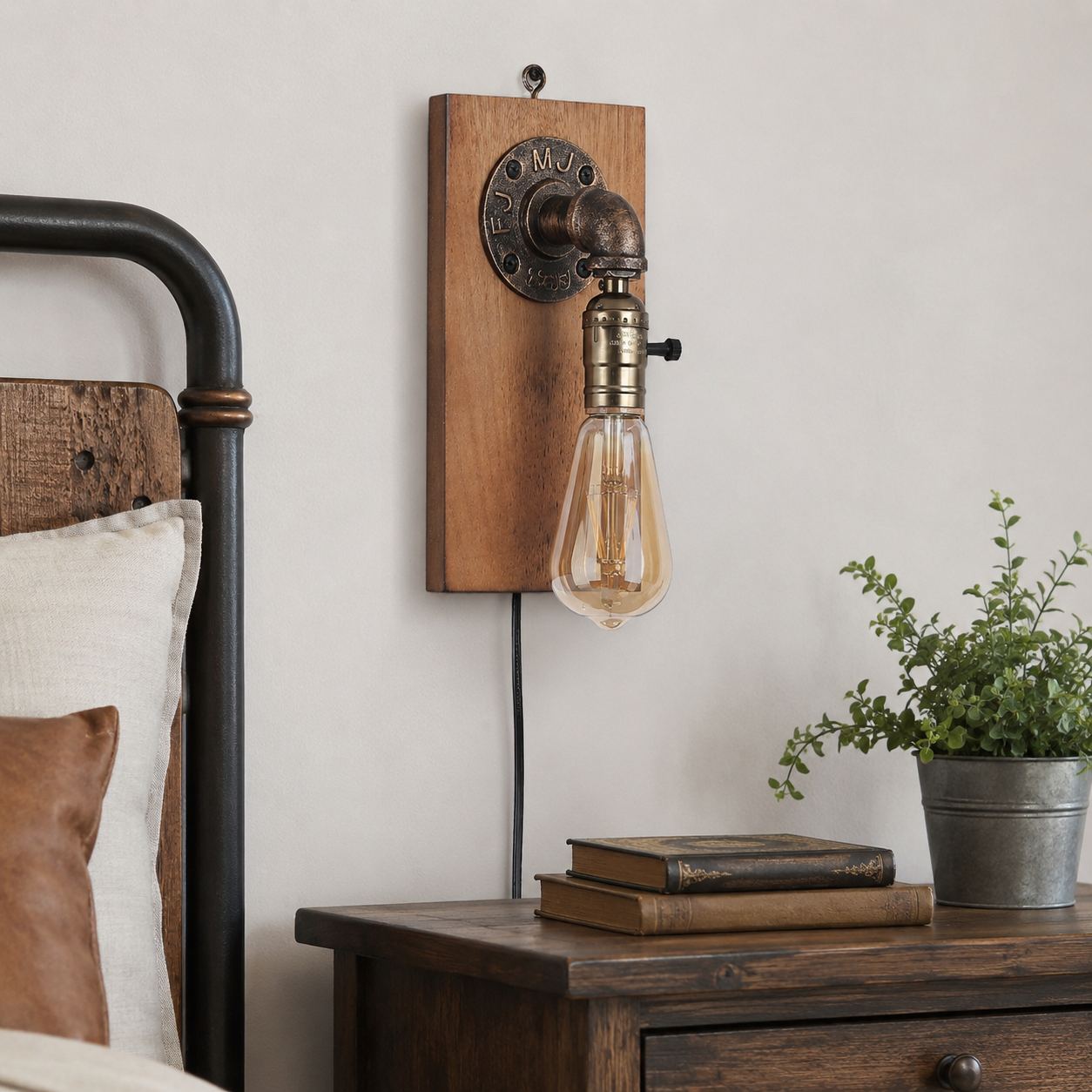 Lámpara de pared industrial de tubería con bombilla Edison sobre mesita de noche de madera.