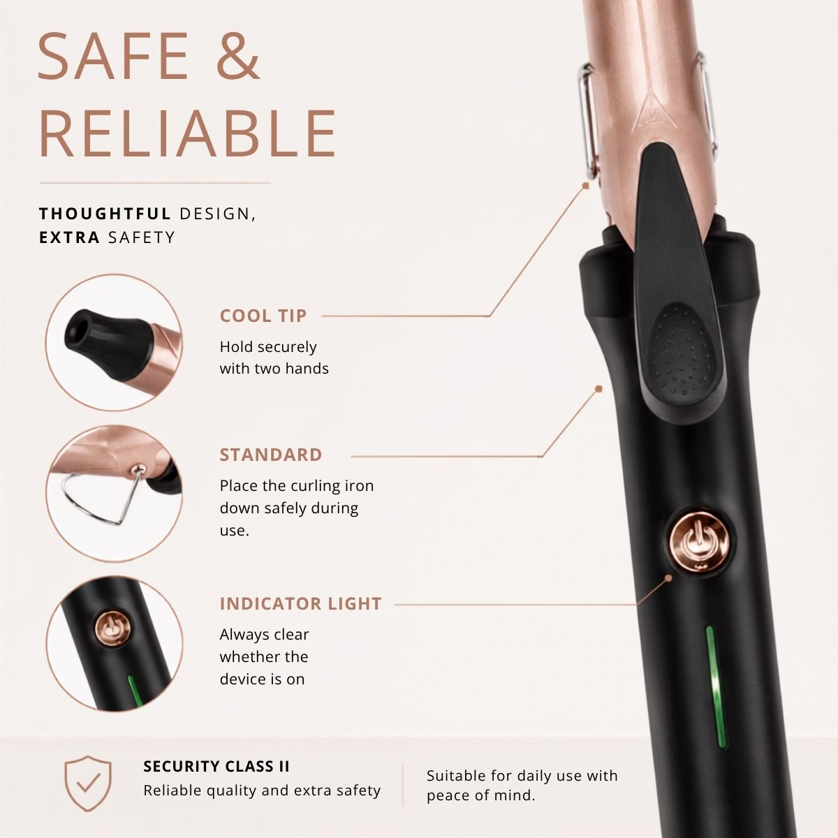 Rose gold curling iron with black details: cool tip, stand, indicator light.
