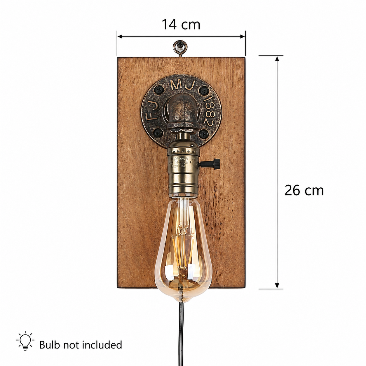 Una lámpara de pared de madera con bombilla Edison vintage y detalles de tubería metálica.