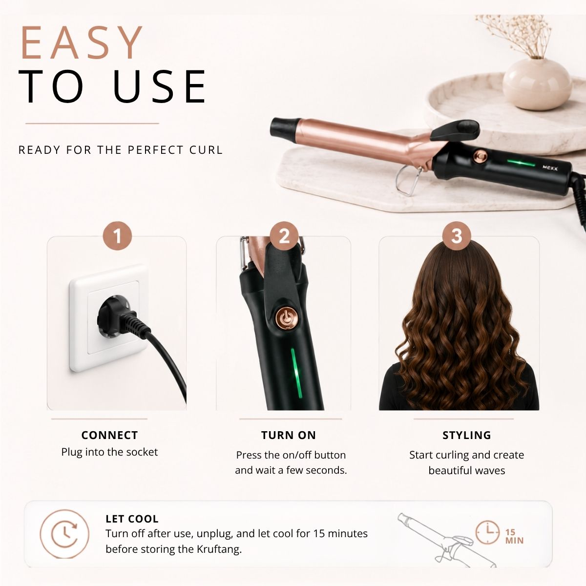 Steps to use a rose gold curling iron: plug in, turn on, style hair, and let cool.
