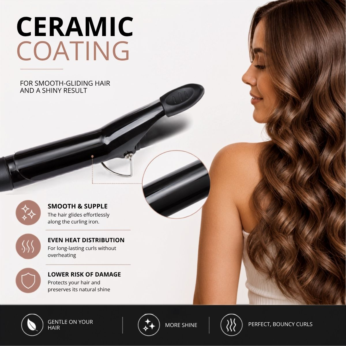 Kwastijzer met keramische coating voor glad, soepel, glanzend haar.