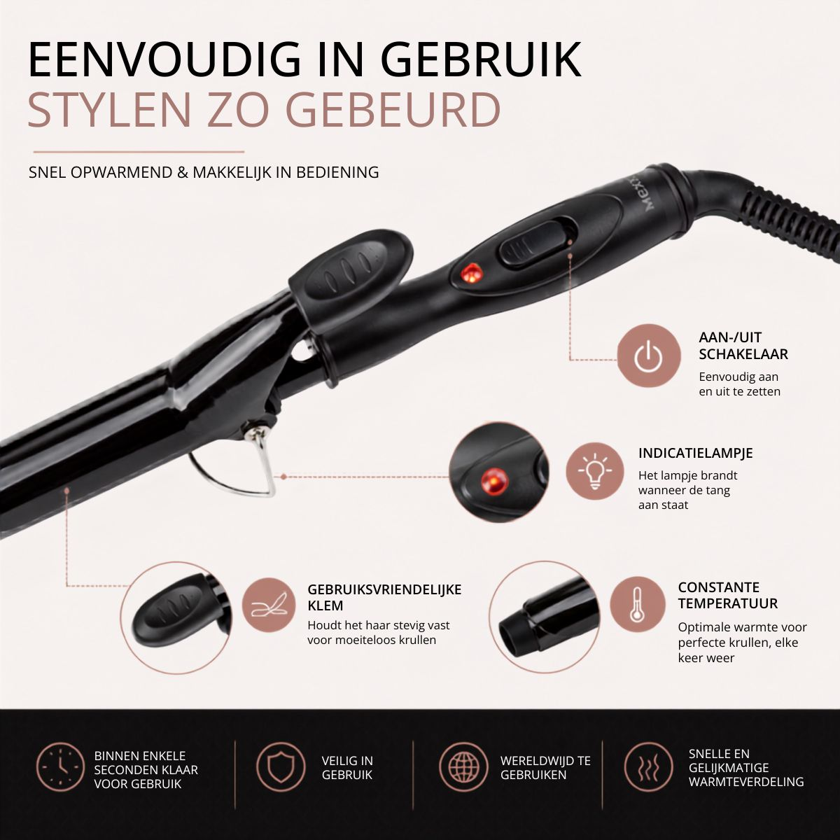 Zwarte krultang met gedetailleerde bedieningselementen en functies.