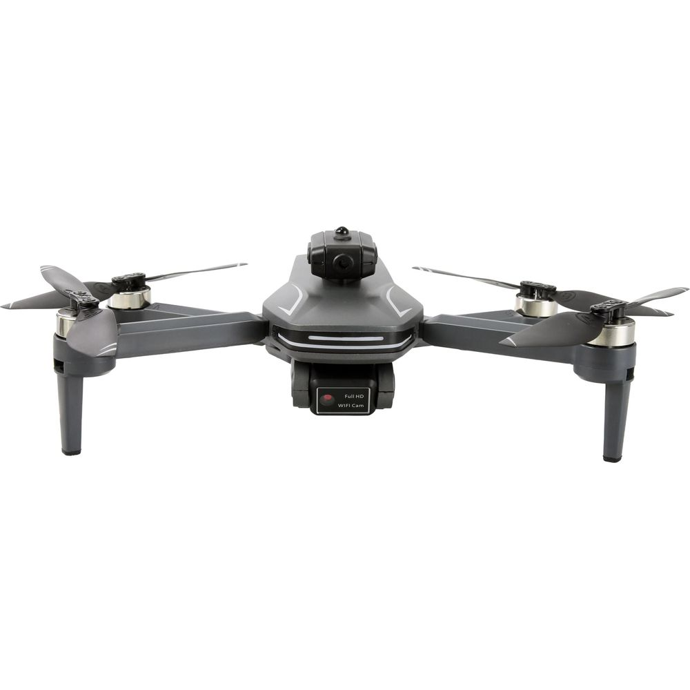 Un dron gris con cuatro hélices y una cámara se muestra sobre un fondo blanco.