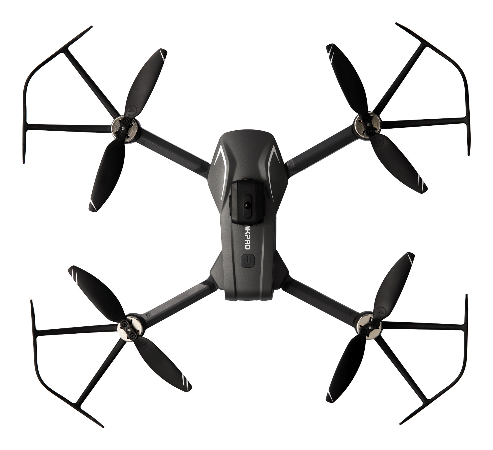 Un dron oscuro con cuatro hélices y protectores, fondo blanco.