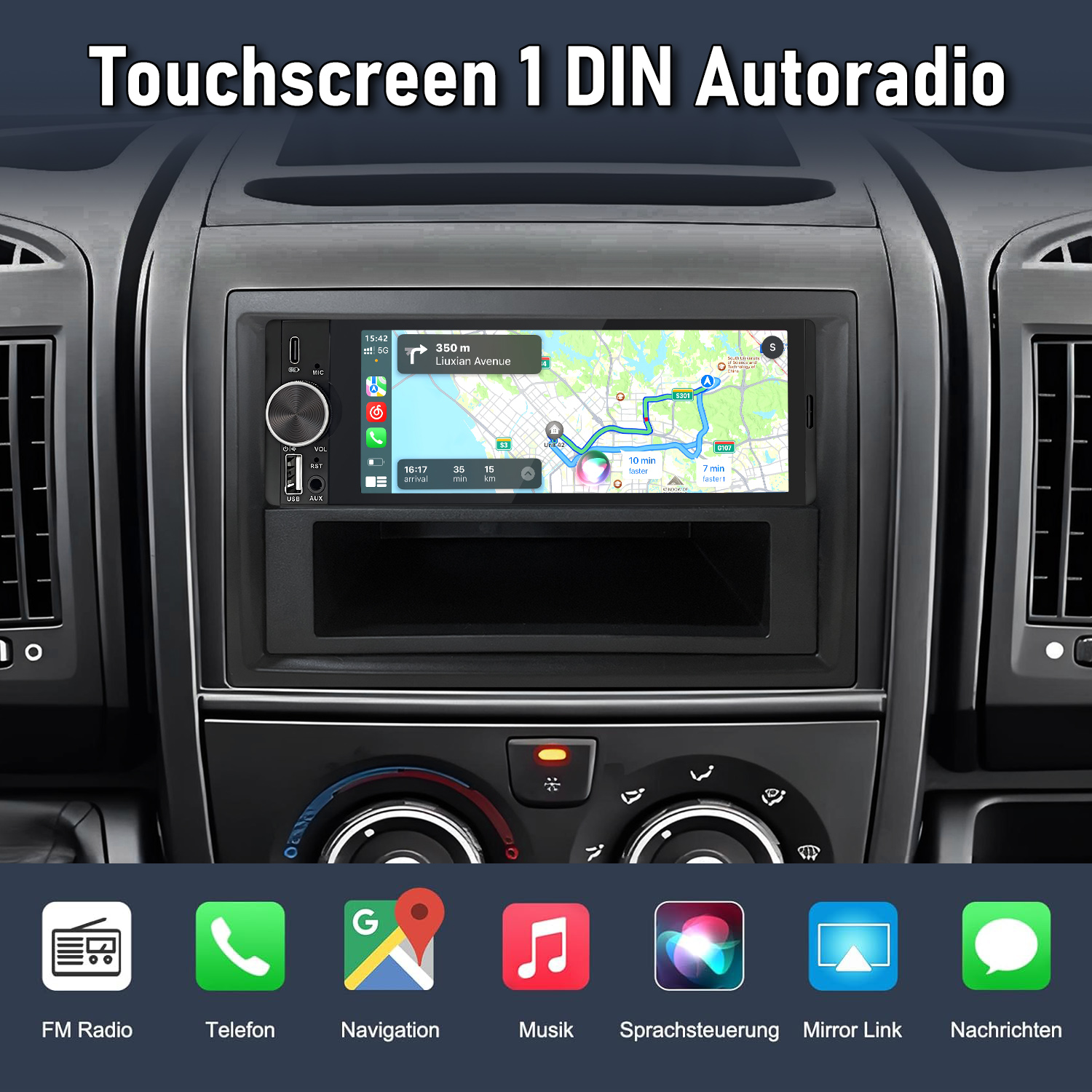 Autoradio mit Touchscreen, Navigation und App-Symbolen unten.