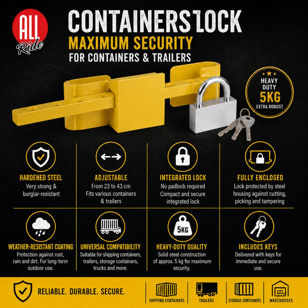 Een geel container slot met een zilveren hangslot en sleutels.