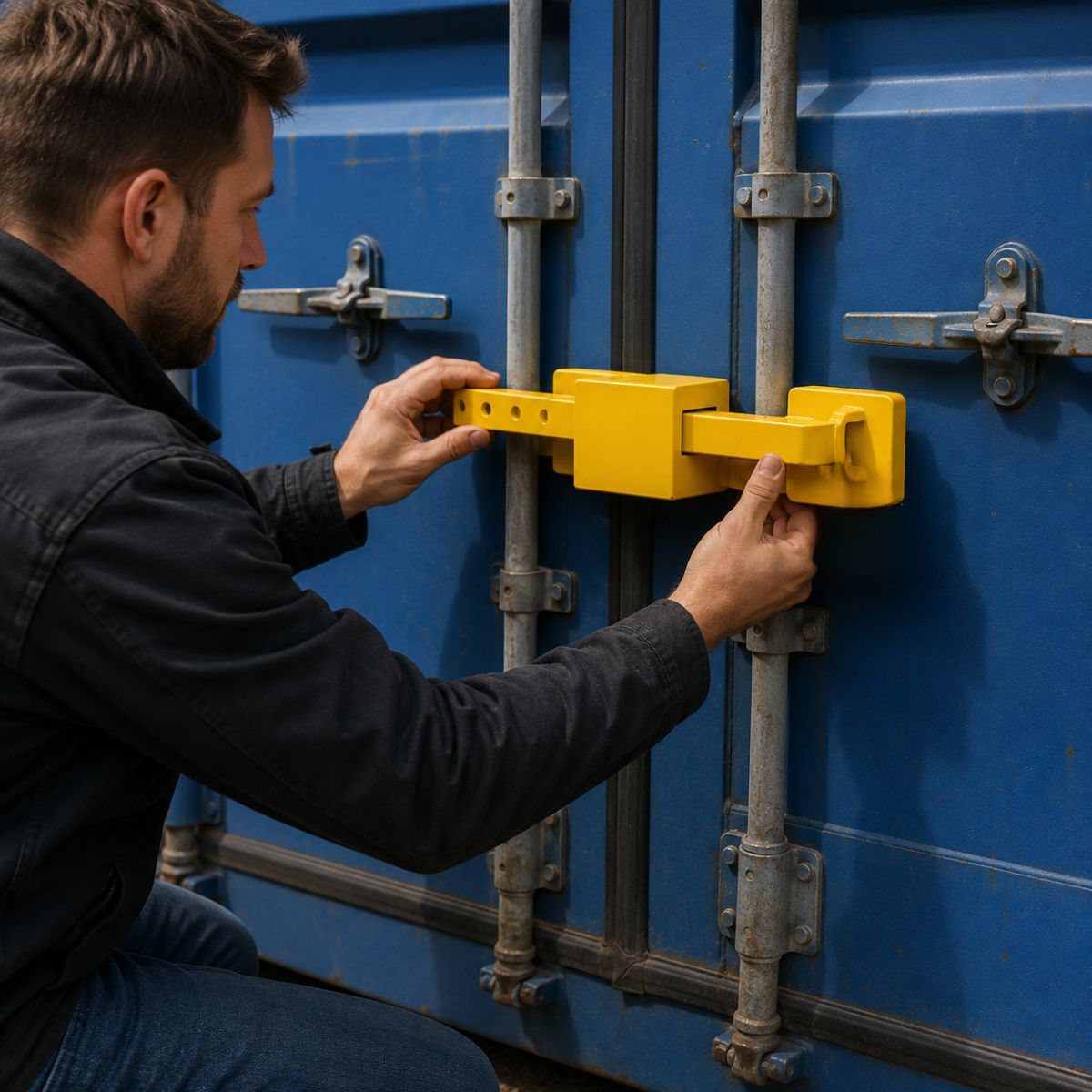 Man bevestigt gele beveiligingsslot op blauwe containerdeuren.