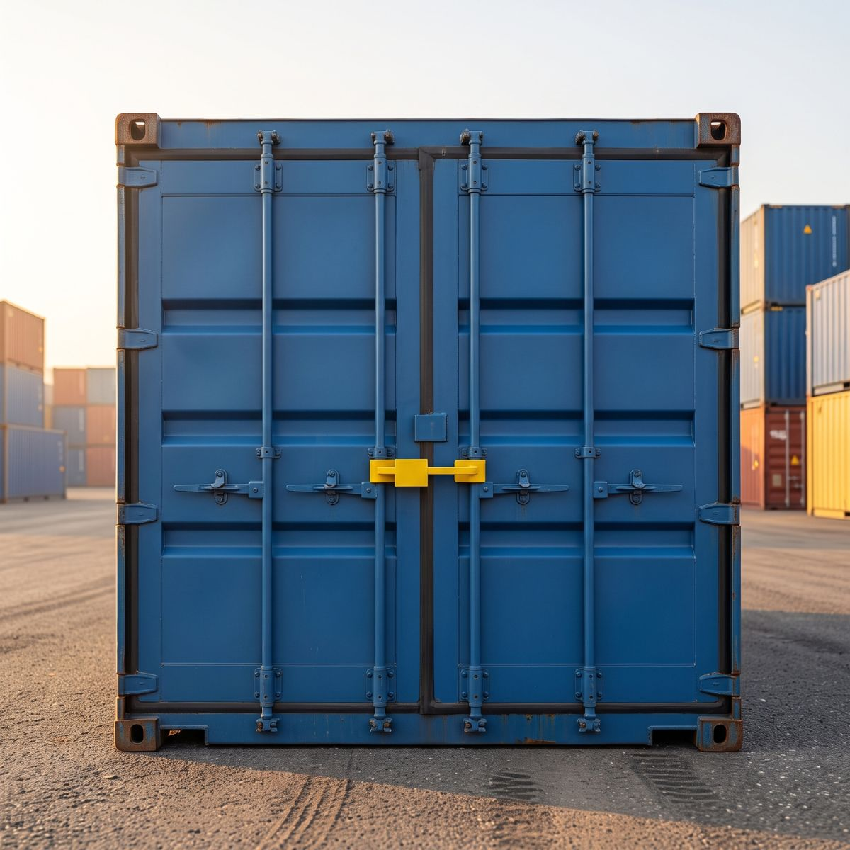 Een blauwe zeecontainer met gele grendel staat buiten. Andere containers op de achtergrond.