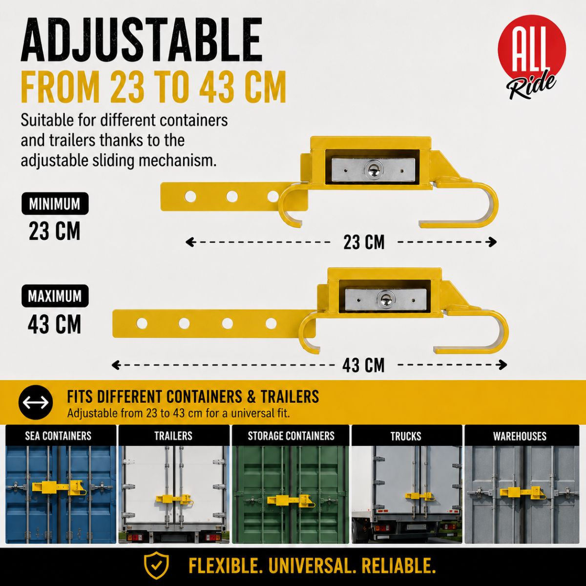 Een geel verstelbaar mechanisme voor containers, verstelbaar van 23 tot 43 cm.