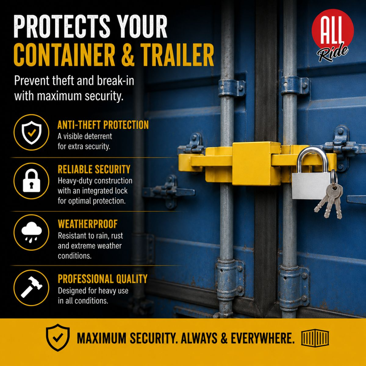 Blauwe container met geel slot en sleutels. Tekst promoot beveiligingsfuncties.