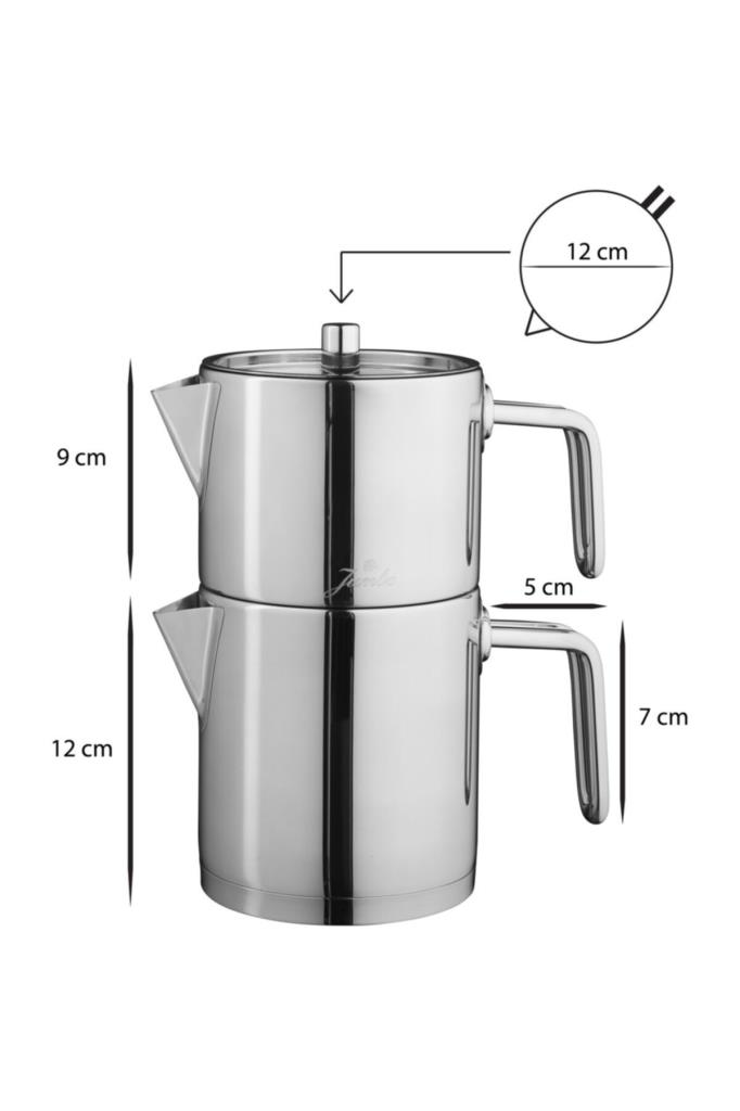 9cm, 12cm, 5cm, 7cm ve 12cm ölçülerinde iki katlı gümüş çaydanlık.