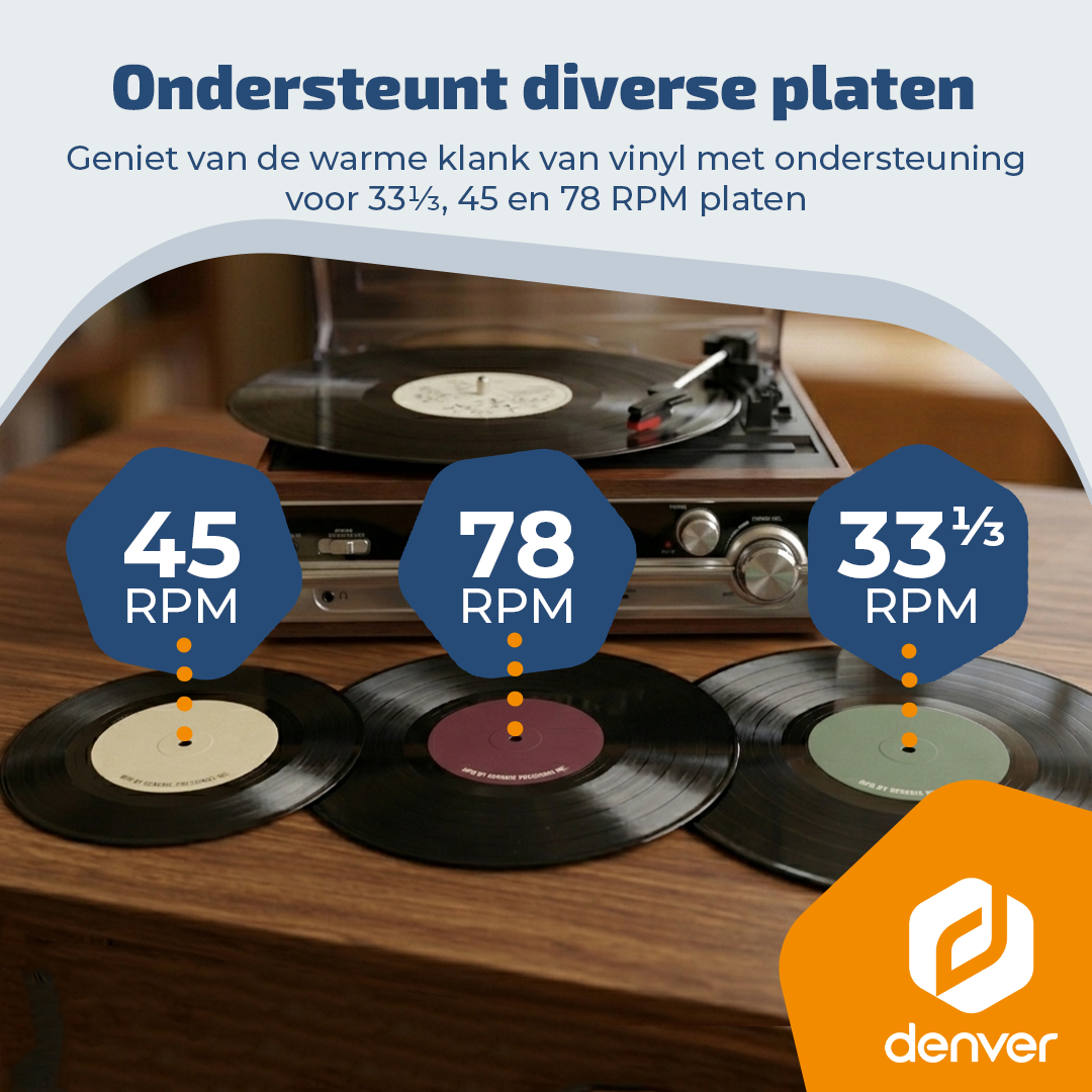 Ein Plattenspieler mit drei Schallplatten für 33, 45 und 78 U/min.