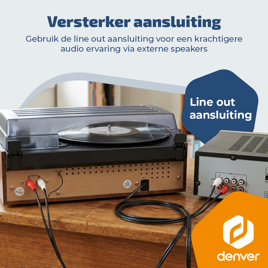 Ein Plattenspieler ist über Kabel mit einem Verstärker verbunden.