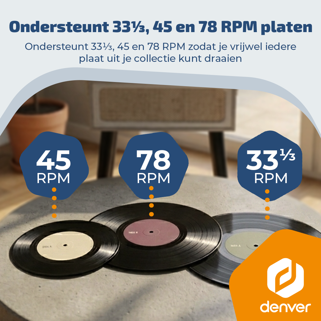Trzy płyty winylowe o prędkościach 33 1/3, 45 i 78 RPM.