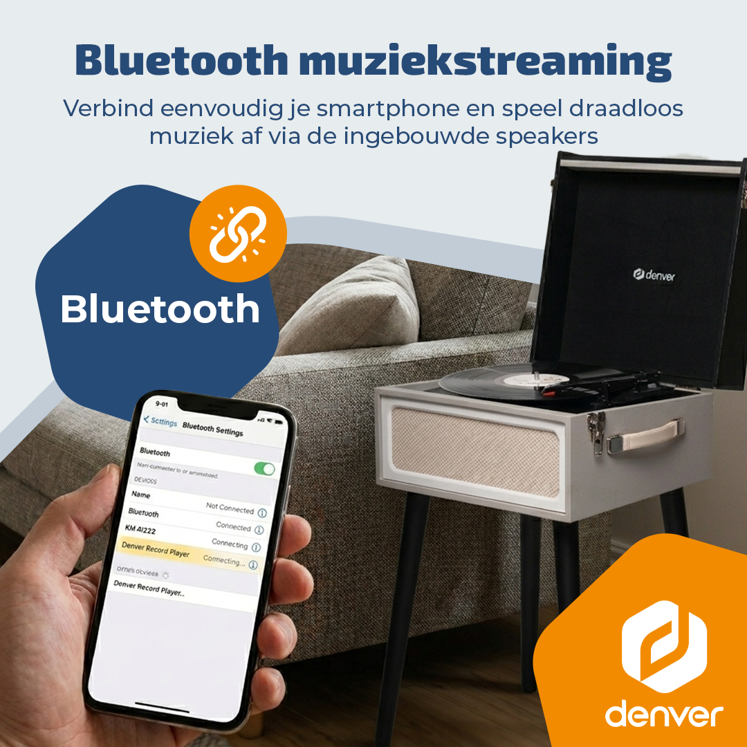 Smartfon łączy się z gramofonem do strumieniowania muzyki przez Bluetooth.