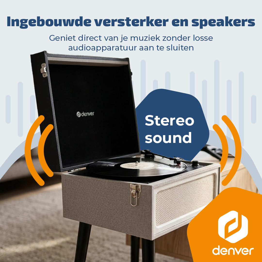 Gramofon z wbudowanym wzmacniaczem i głośnikami do dźwięku stereo.