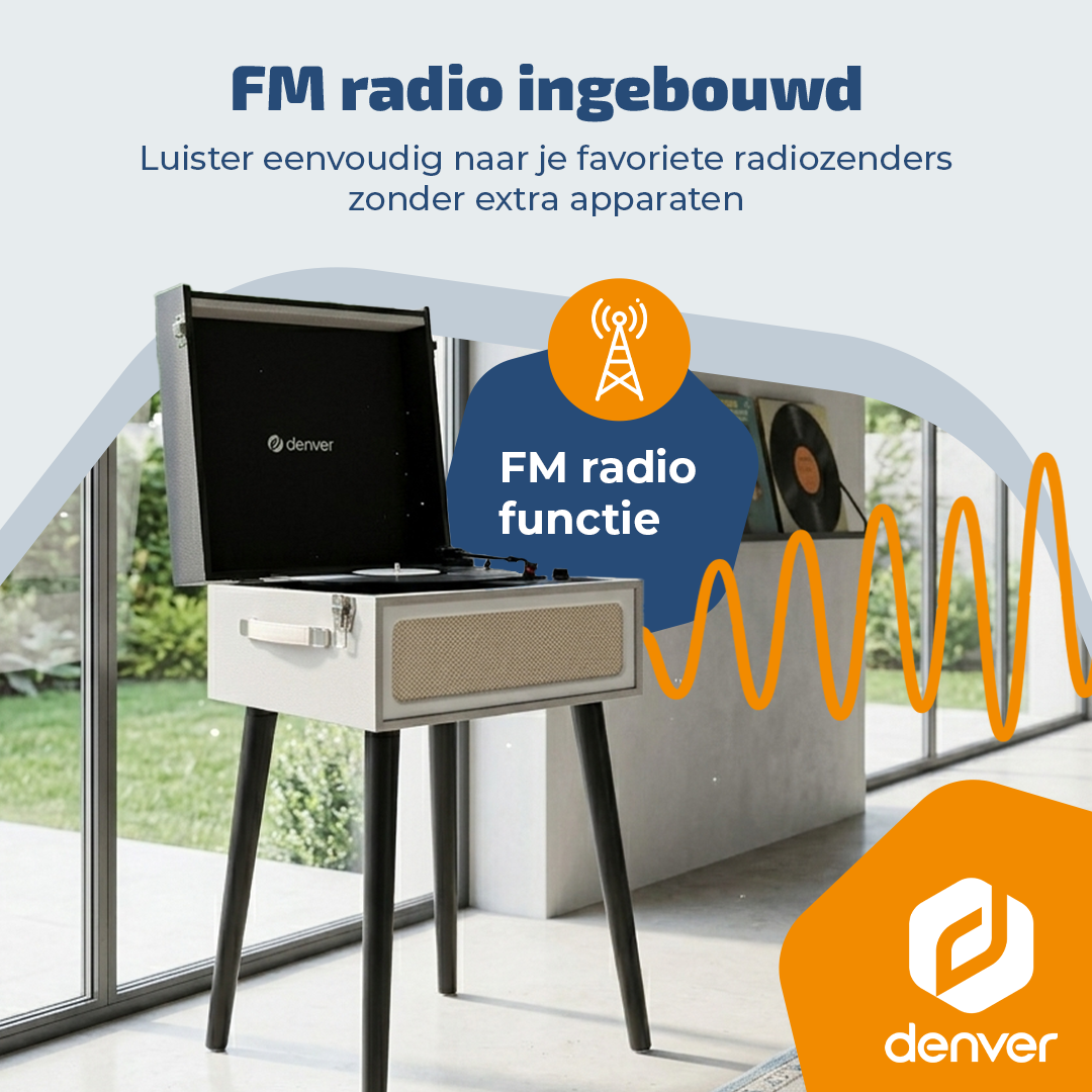 Gramofon z wbudowanym radiem FM i głośnikami.