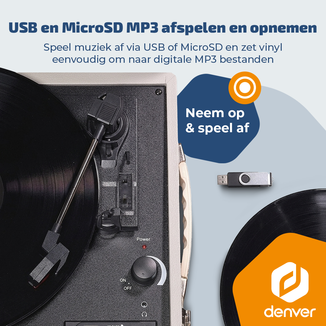 Gramofon z płytą winylową, pendrivem i przyciskiem nagrywania.