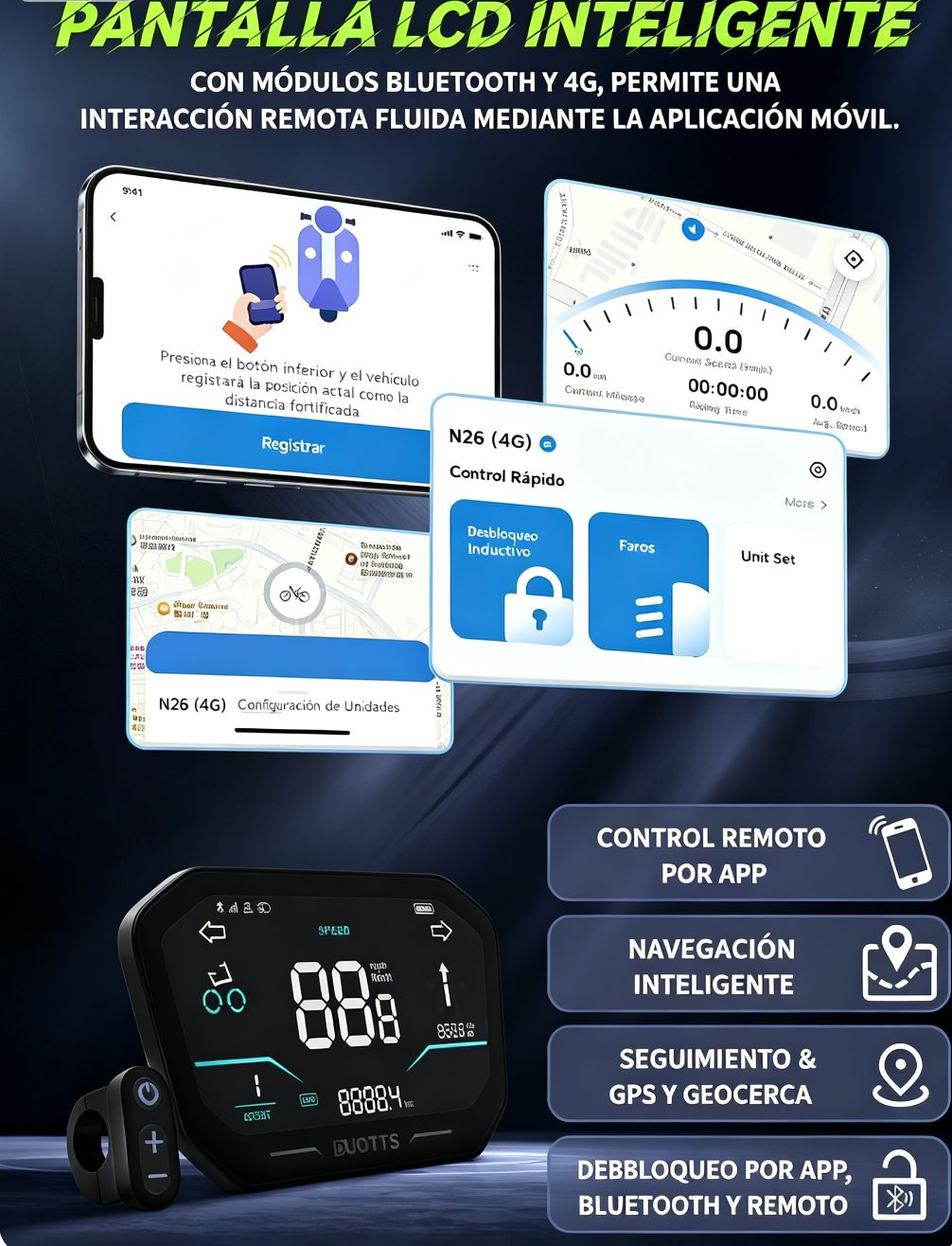 Pantalla LCD inteligente con control de app, navegación y rastreo GPS.