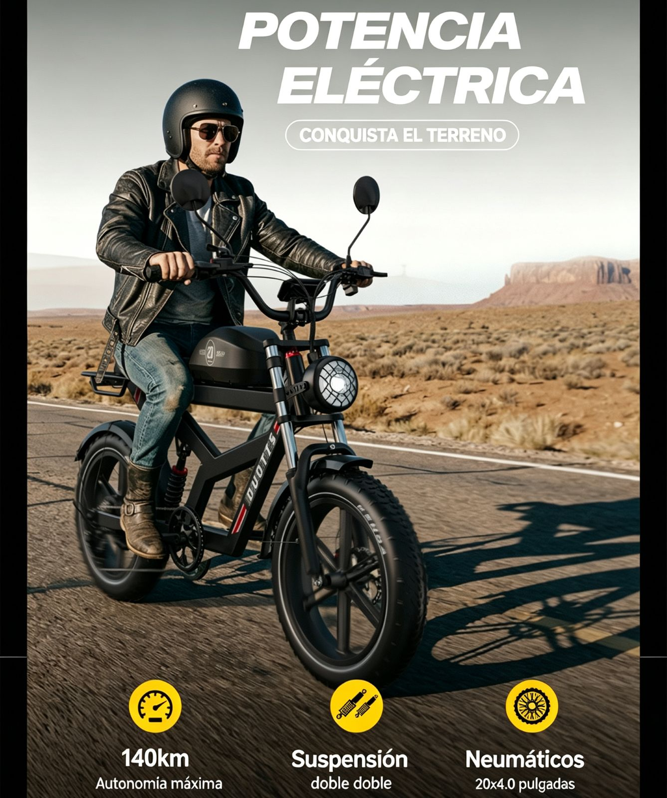 Un hombre conduce una bicicleta eléctrica negra en un paisaje desértico con montañas.