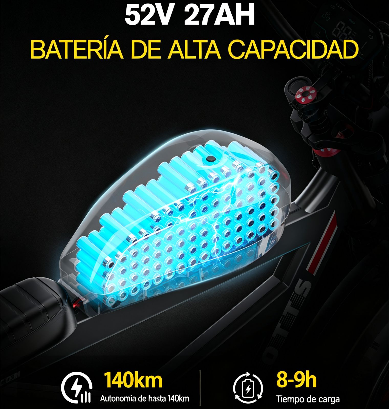 Batería de e-bike de 52V 27AH con autonomía de 140km y carga de 8-9h.