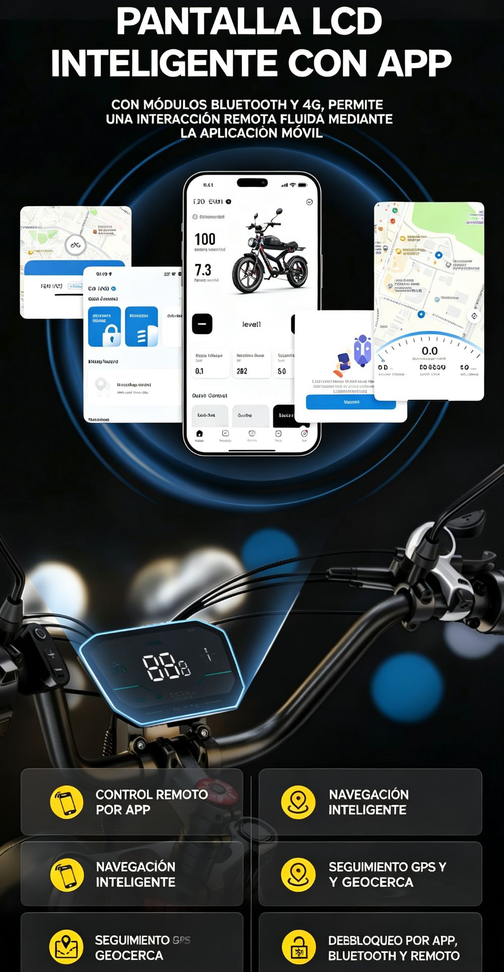 Pantalla LCD con control de app, datos de moto, mapas y opciones de menú.