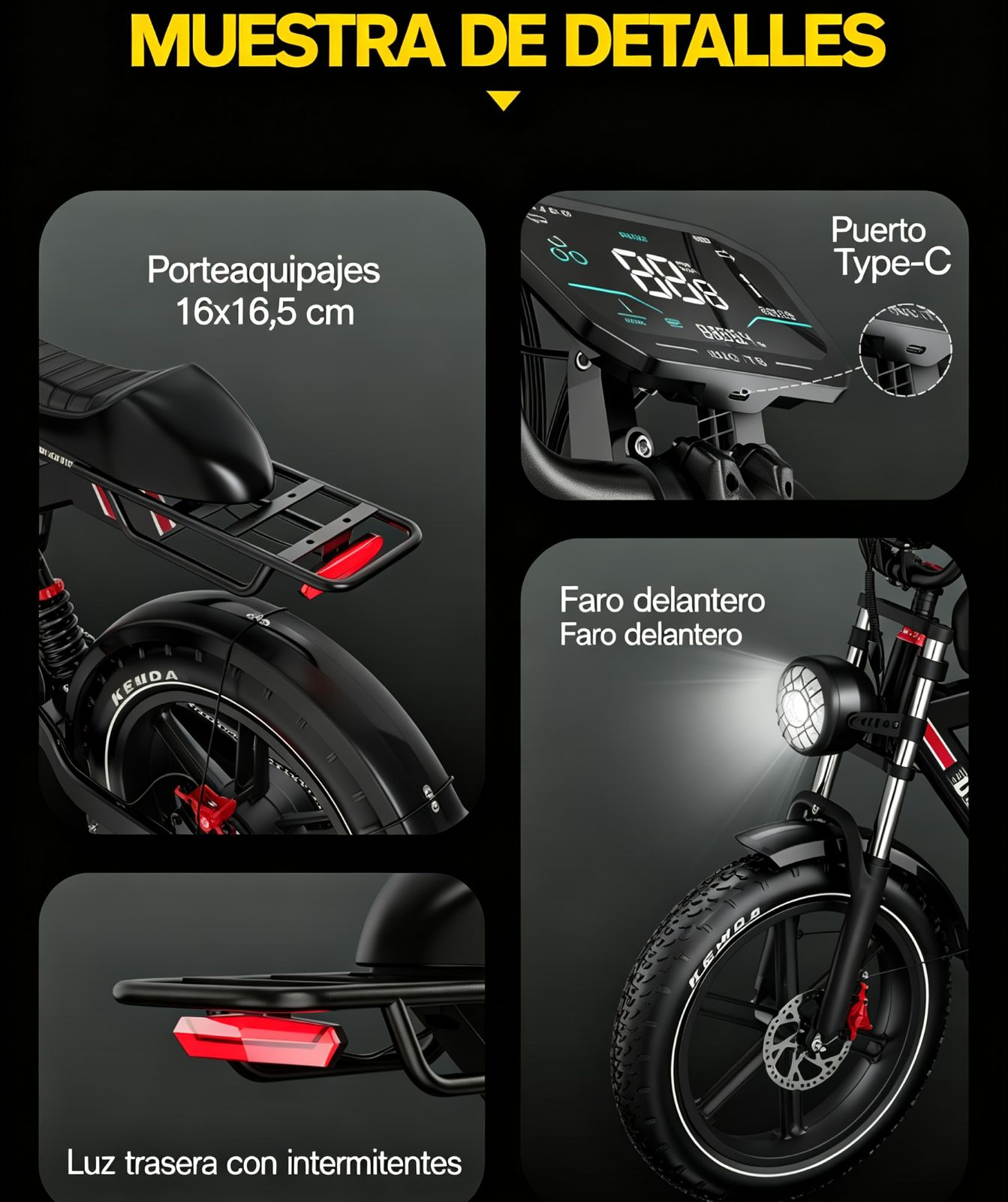 Detalles de la parte trasera de una e-bike negra con portaequipajes, luz trasera, pantalla y faro.