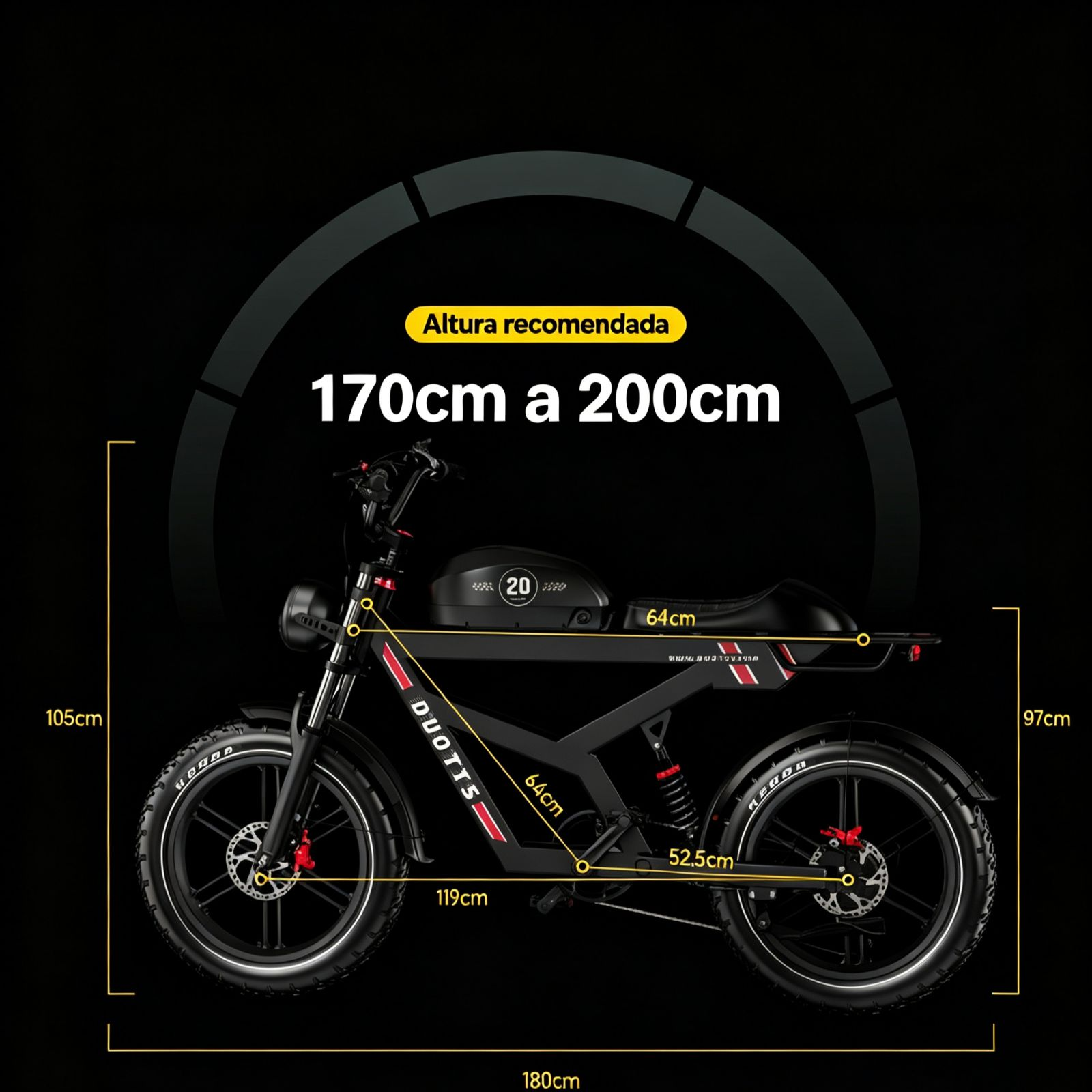 Bicicleta eléctrica negra con dimensiones: 105cm alto, 180cm largo.