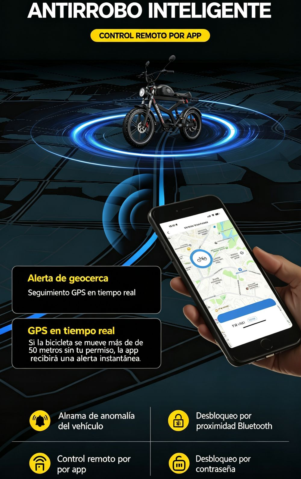 Una motocicleta negra con una app de navegación en un teléfono, mostrando funciones de sistema antirrobo.
