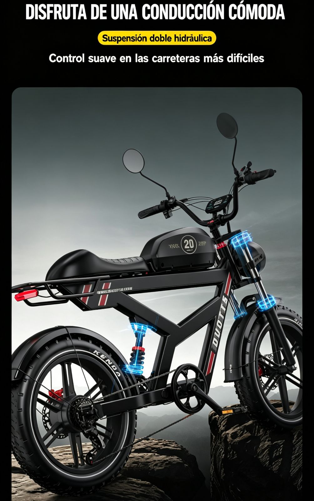 Bicicleta eléctrica negra con suspensión hidráulica sobre rocas.