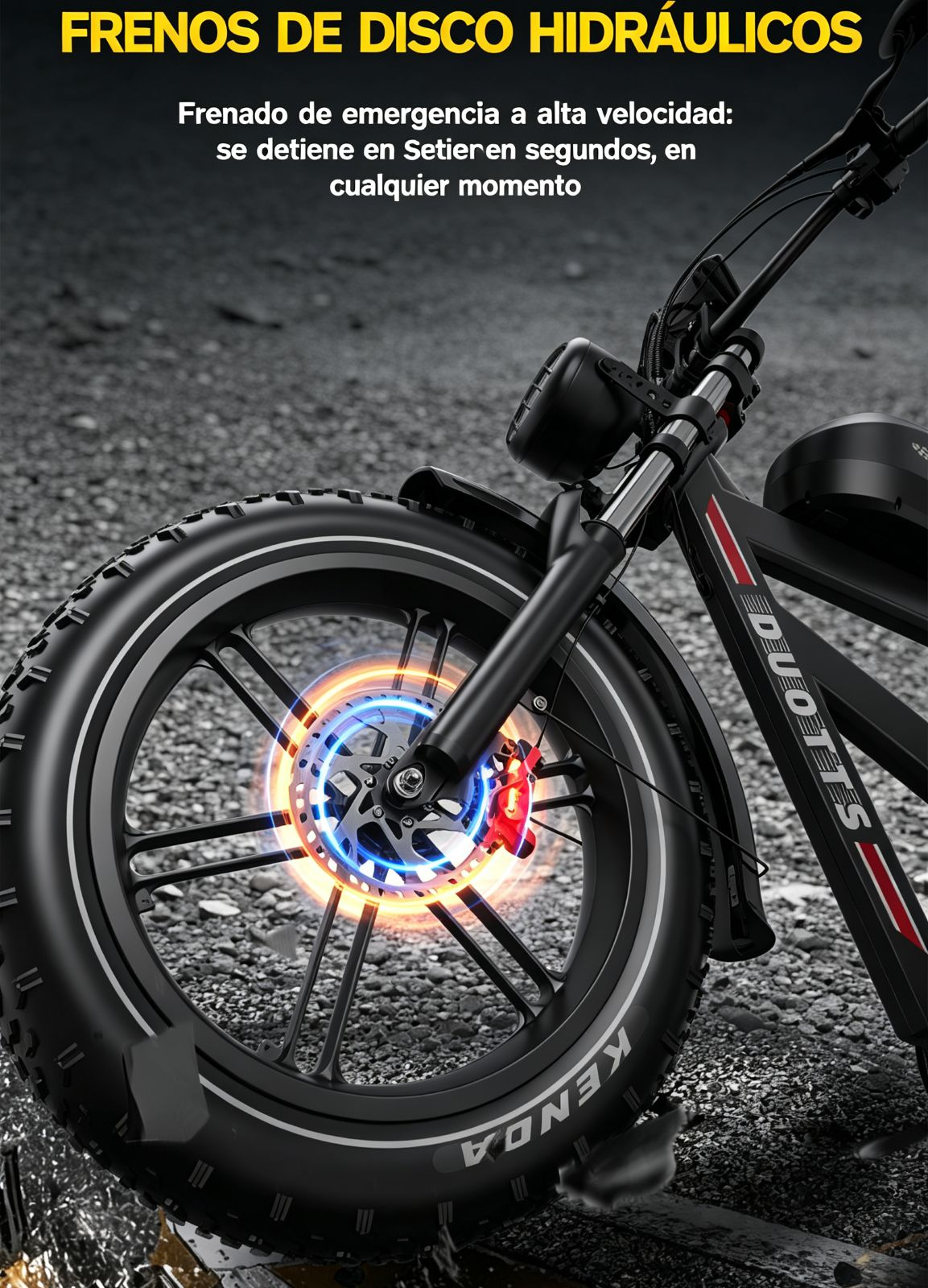 Primer plano de la rueda de una bici mostrando frenos de disco hidráulicos.