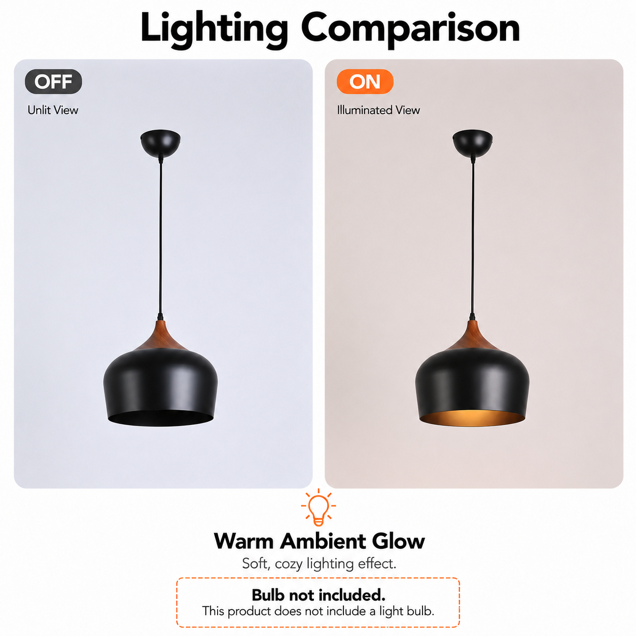 Comparación: Una lámpara colgante mostrada apagada e iluminada.
