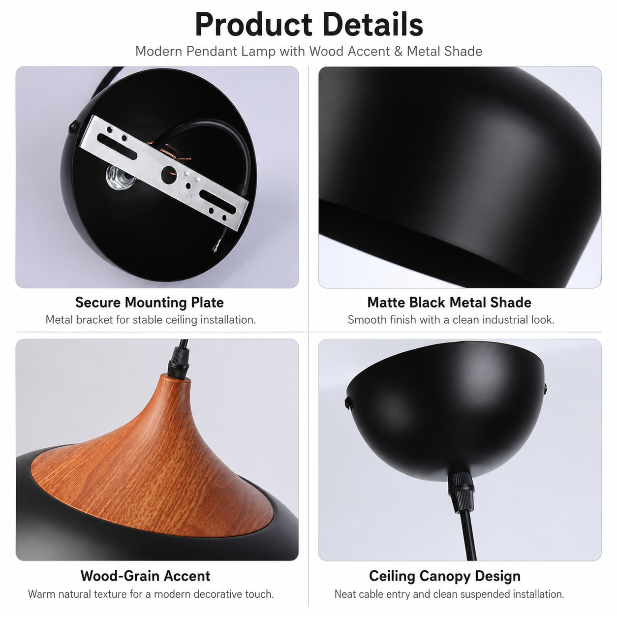 Detalles de una lámpara colgante moderna con detalles de madera y metal.