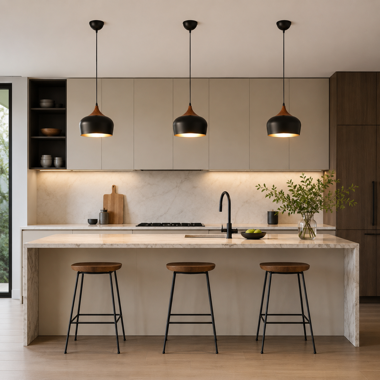Cocina moderna con isla, taburetes y luces colgantes. Encimeras de mármol, gabinetes elegantes.