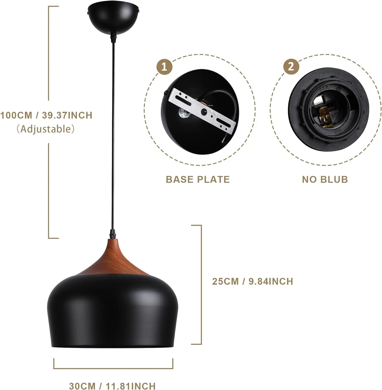 Lámpara colgante negra con parte superior de imitación madera y cable ajustable.