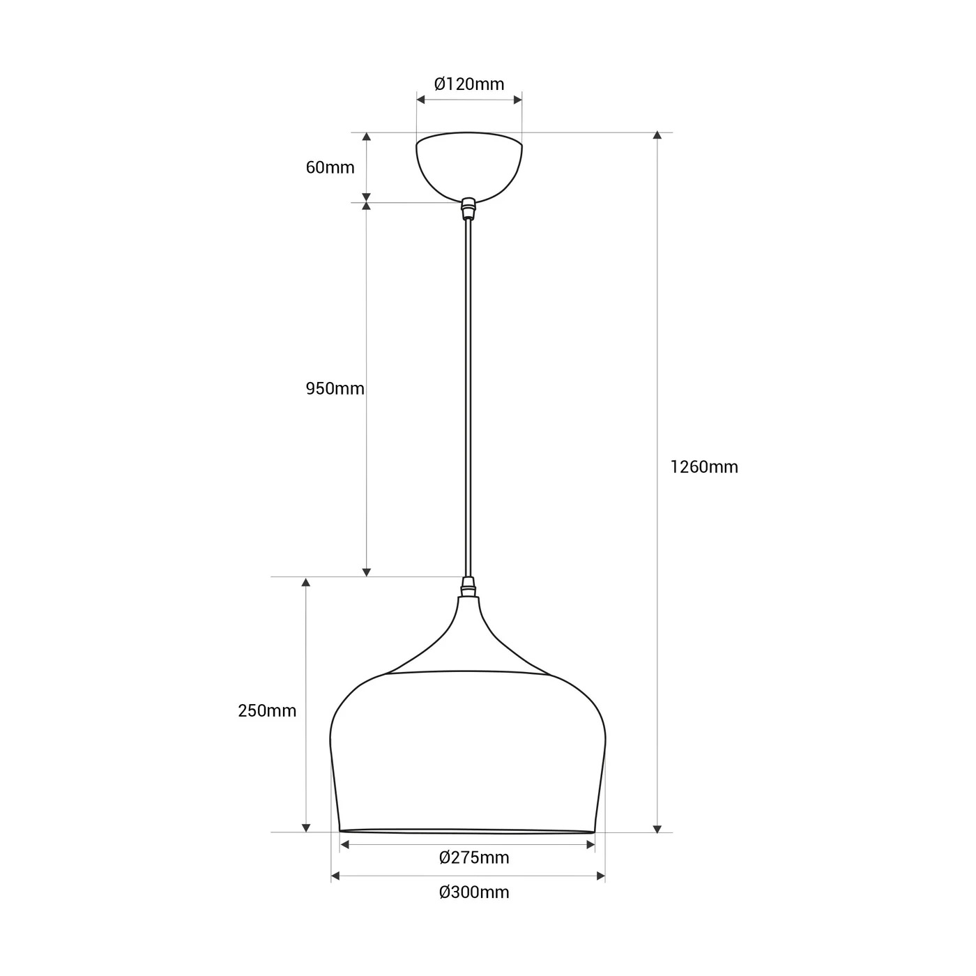 Dibujo técnico de una lámpara colgante con dimensiones.